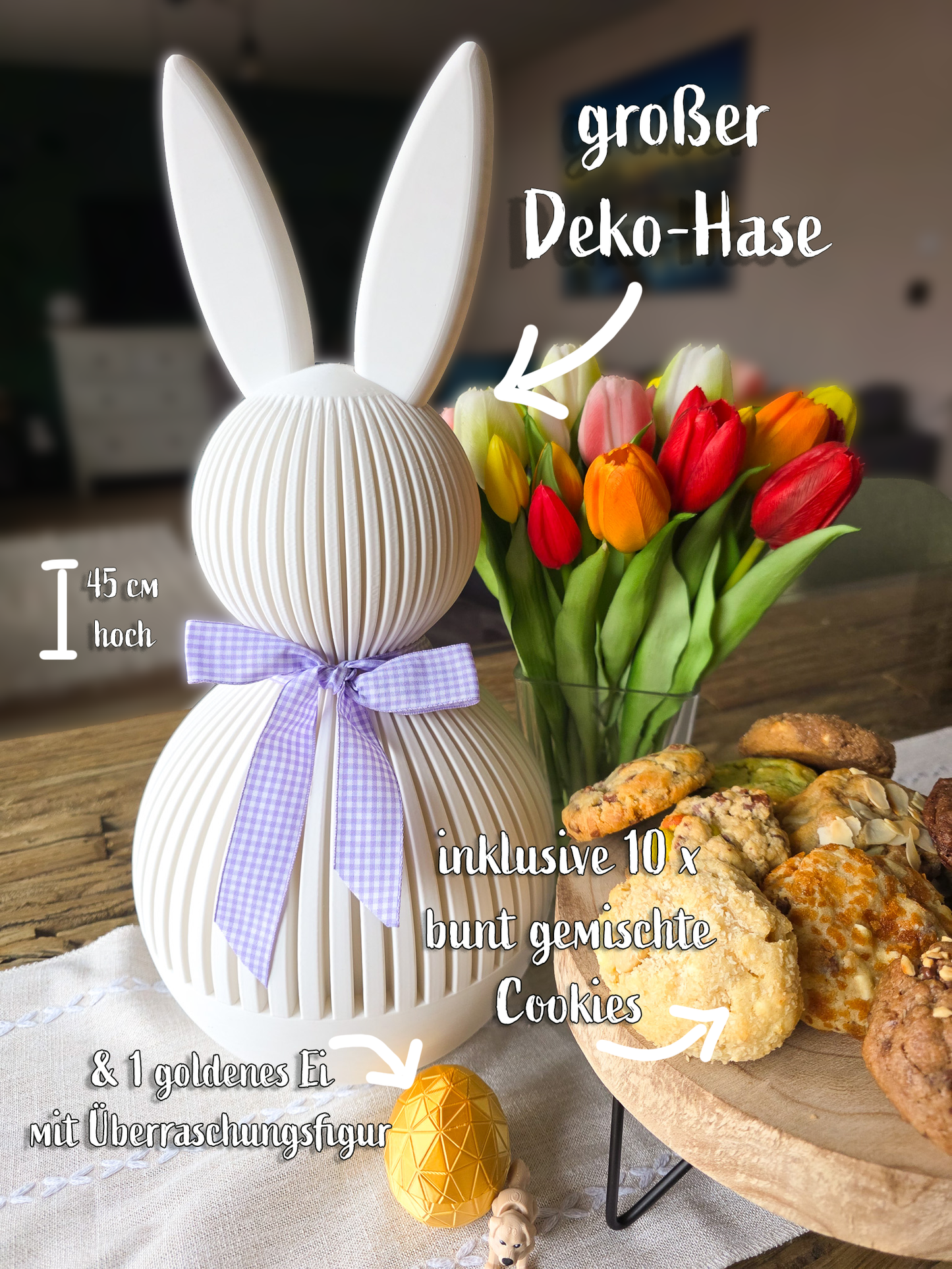 Großer Deko-Hase inkl. 10 bunt gemischte kleine Cookies & 1 Ei mit Überraschungsfigur