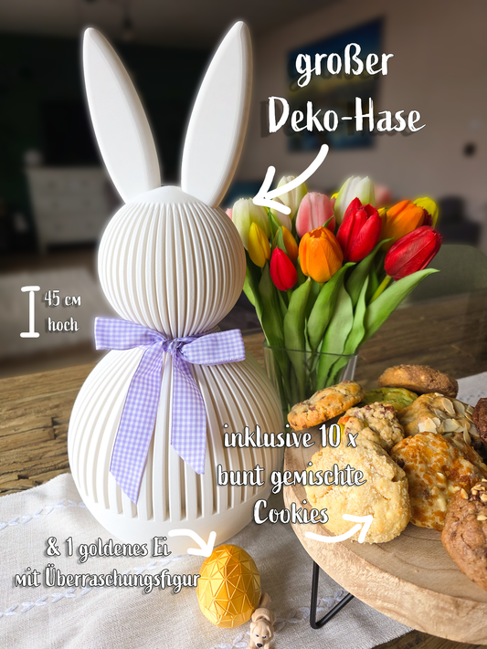 Großer Deko-Hase inkl. 10 bunt gemischte kleine Cookies & 1 Ei mit Überraschungsfigur